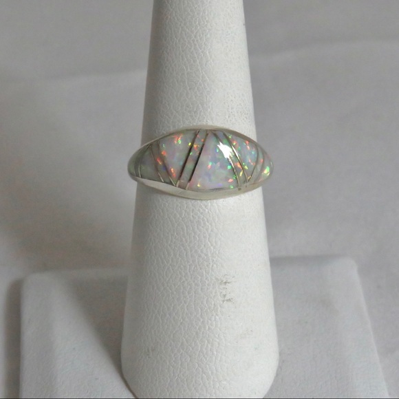 Sterling Silver Inlay White Lab Opal Dome Ring - Picture 5 of 12